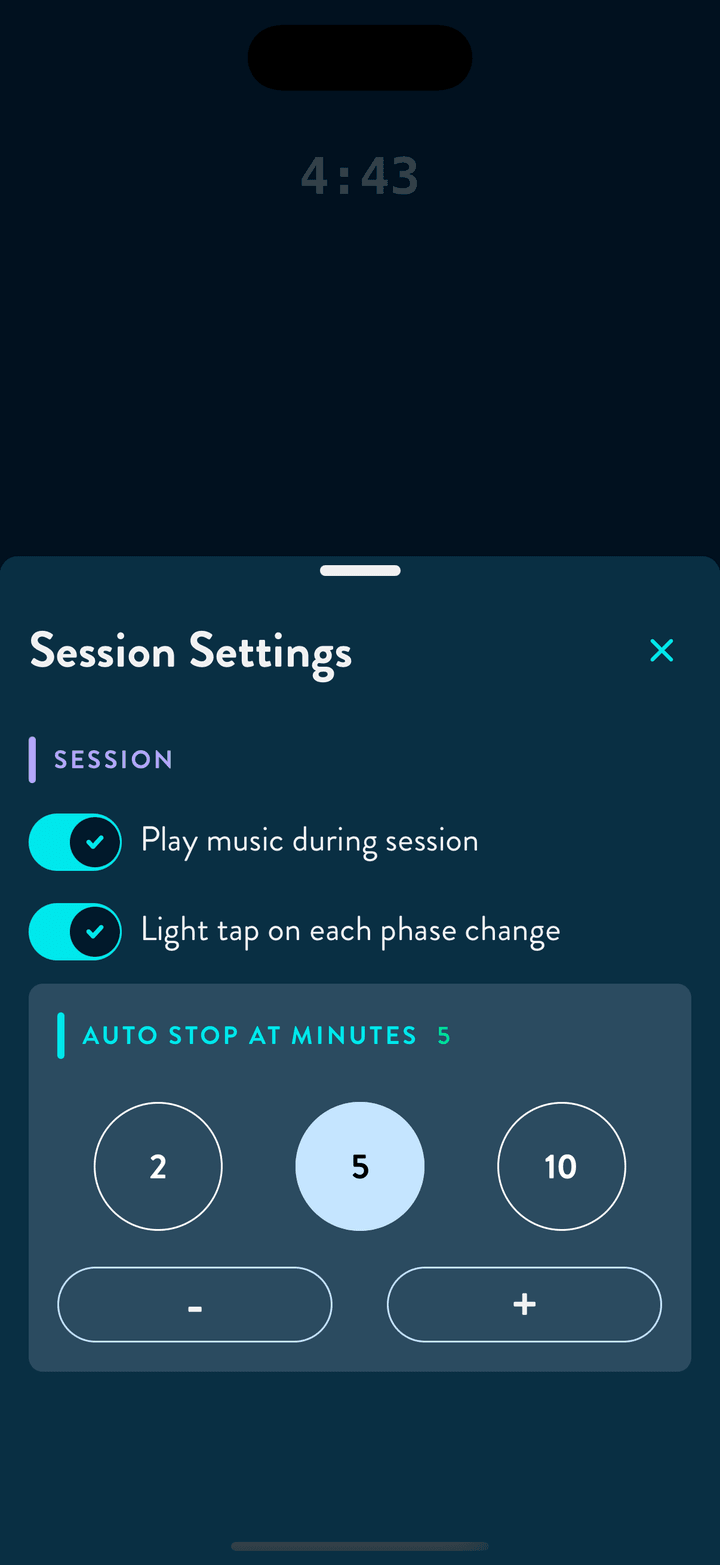 4-7-8 session settings in Huff: ambience, a light tap on each phase change, and an auto-stop