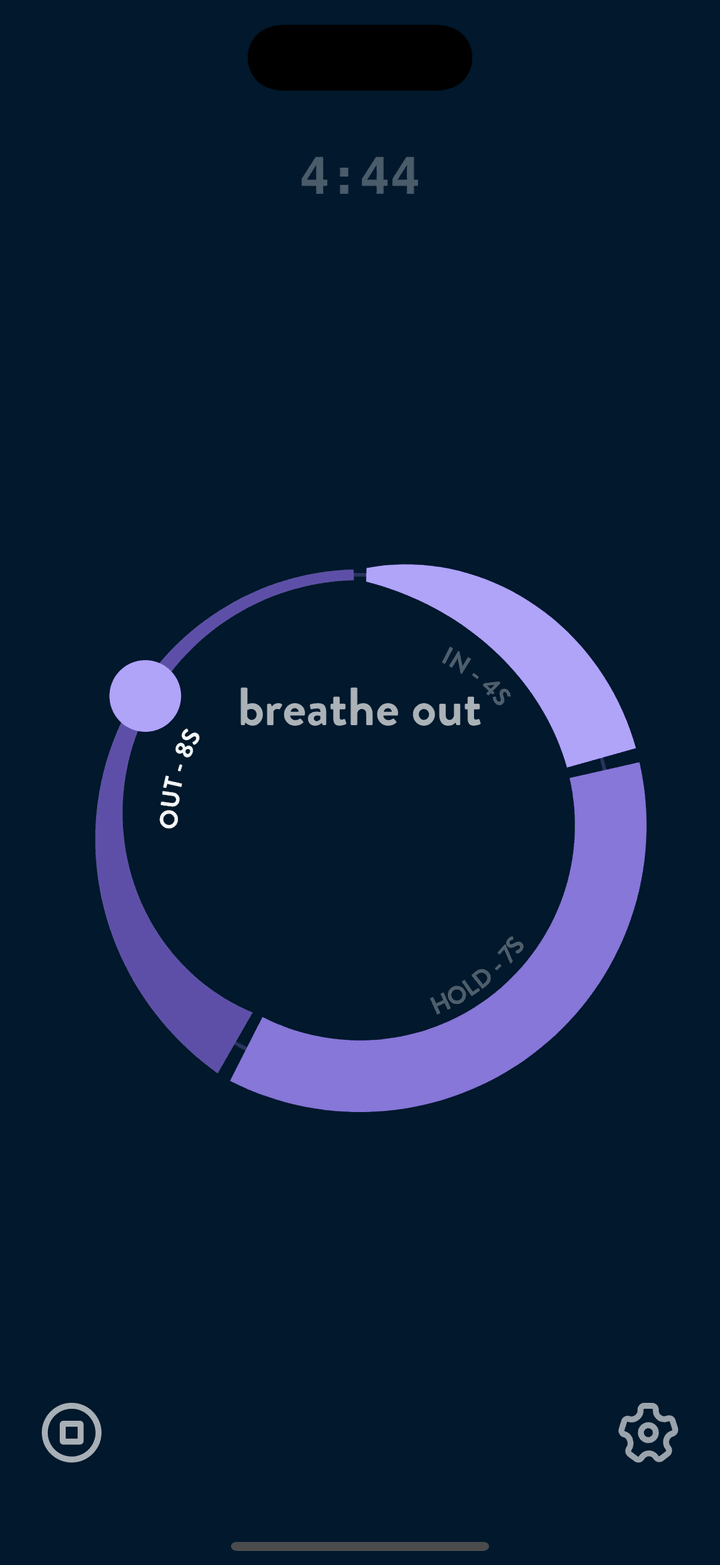 A 4-7-8 Breathing session running in Huff: the ring draws the 4, 7 and 8 second phases at their real proportions