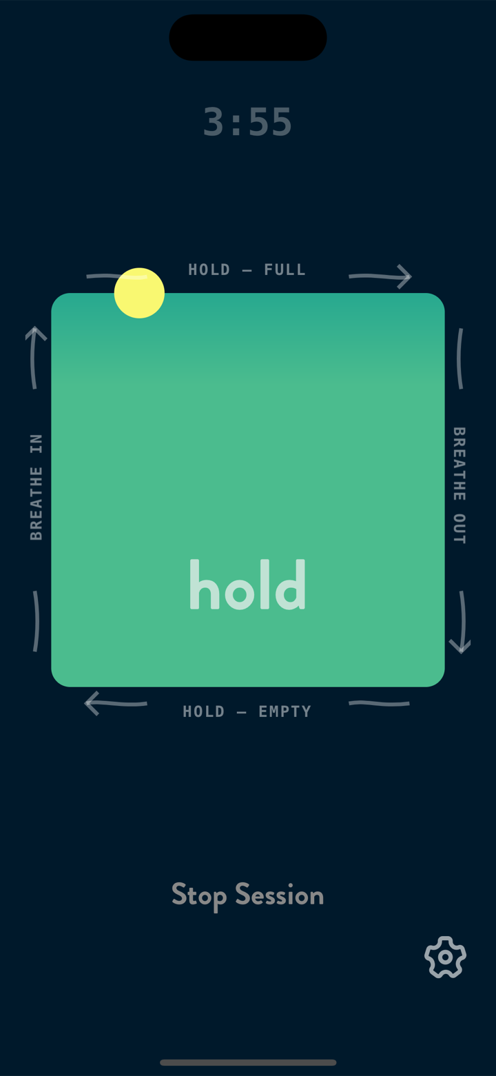 A Box Breathing session in the Hüff app