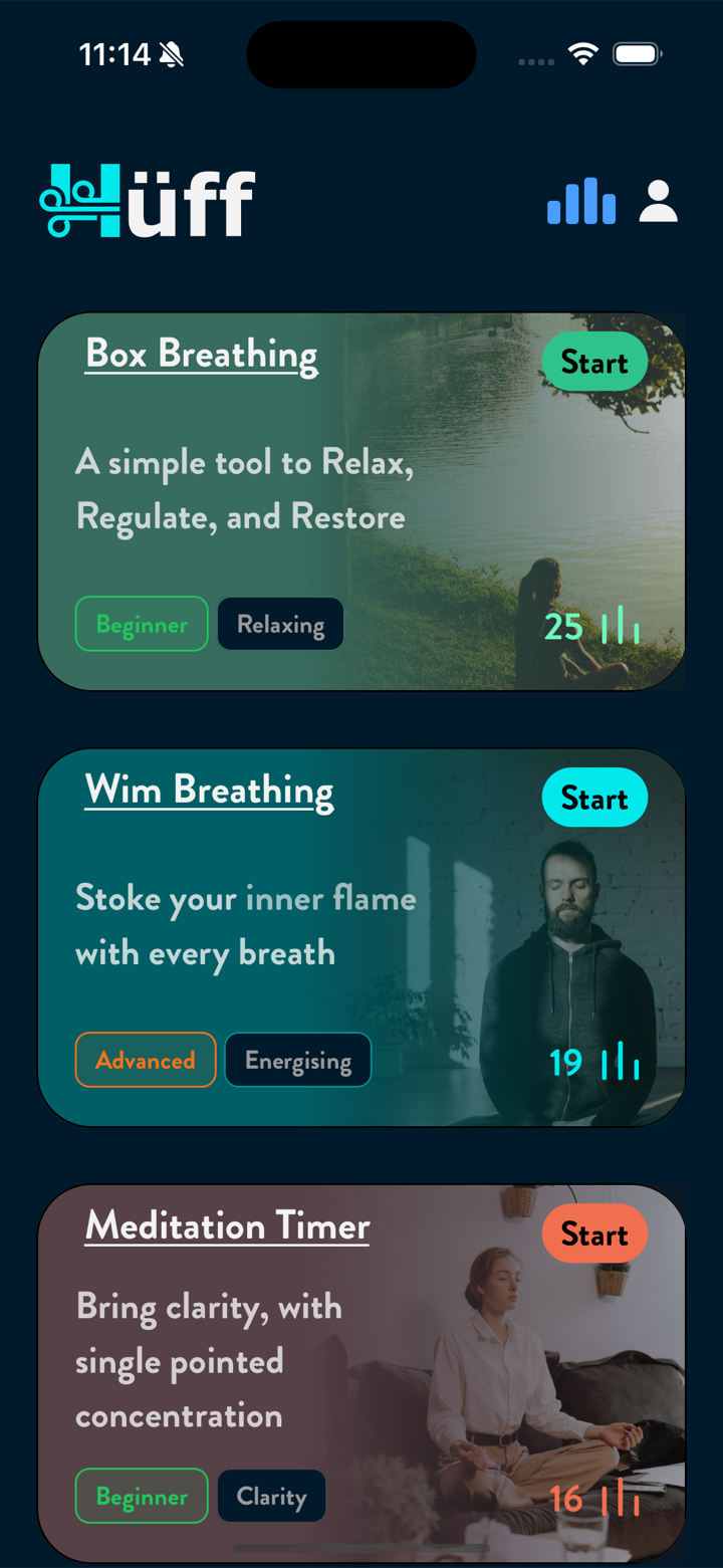 The Hüff home screen — breathwork modules